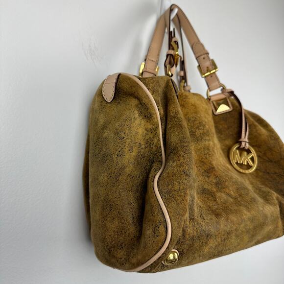Michael Kors Womens MK Logo Distressed Burnt Gold/Brown Satchel Shoulder Bag - Picture 3 of 9